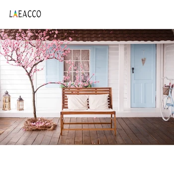 

Laeacco Photo Backgrounds Wooden Wall Window Door Floor Bench Pillow Blossom Tree Photography Backdrops Baby Portrait Photophone
