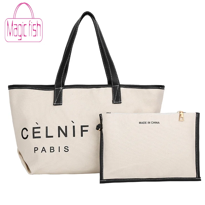 

Magic Fish New 2 PCS/Sets Fashion Letters Canvas Bag Simple Large Capacity Light Tote Bag Tide Composite Bag Single Shoulder Bag