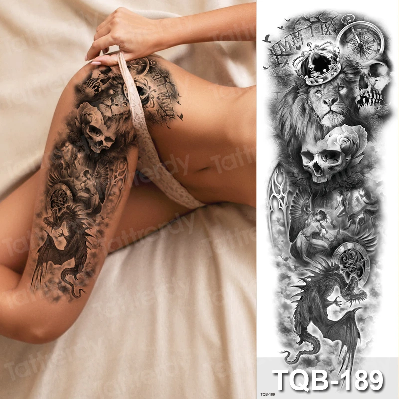 Skull Sleeve Tattoo Designs For Men Women Temporary Thigh Tattoos Large Lion  Rose Tattoo Sleeve Pattern Sexy Body Art Tatoo Fake - Temporary Tattoos -  AliExpress