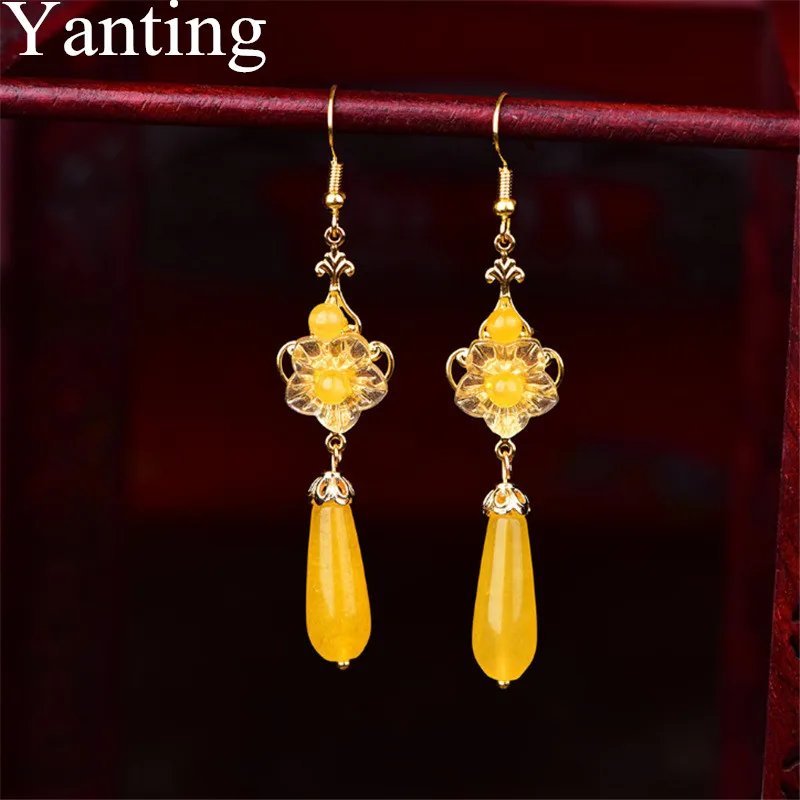 

Yanting Water Drop Earrings Gifts For Women Female Brincos Yellow Chalcedony Stone Earring Handmade Ethnic Flower Earings 039