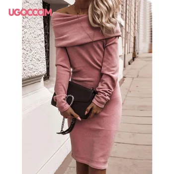 

UGOCCAM Women Bodycon Dress 2020 Long Sleeve Club Slash Neck Sexy Night Club Wear Pink Causal Celebrity Party Dresses Plus Size