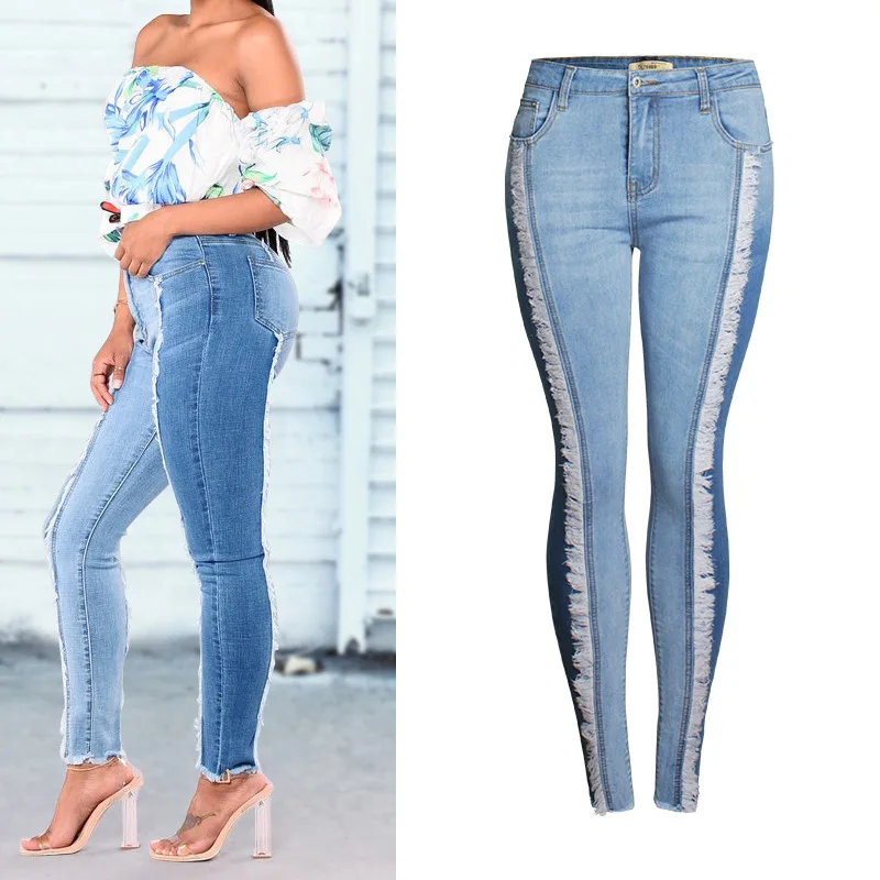 

2020 European and American autumn new fashion fringed slim jeans elasticity and thin hips and feet pants jeans women