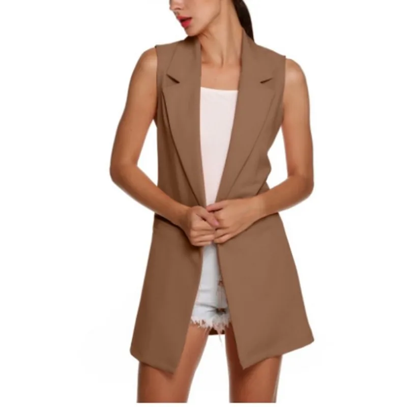 

Jackets Ladies Lapel Sleeveless Long Open Stitch Simple Solid Color Cardigan Loose Slim Long Vest Spring Summer Outerwear Coats