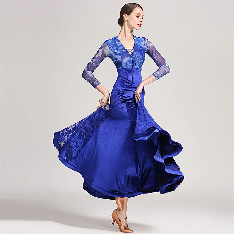 

Платье для соревнований по бальным танцам, высококачественная одежда с длинными рукавами и цветочным рисунком для взрослых, современная одежда для выступлений вальса и фламенко