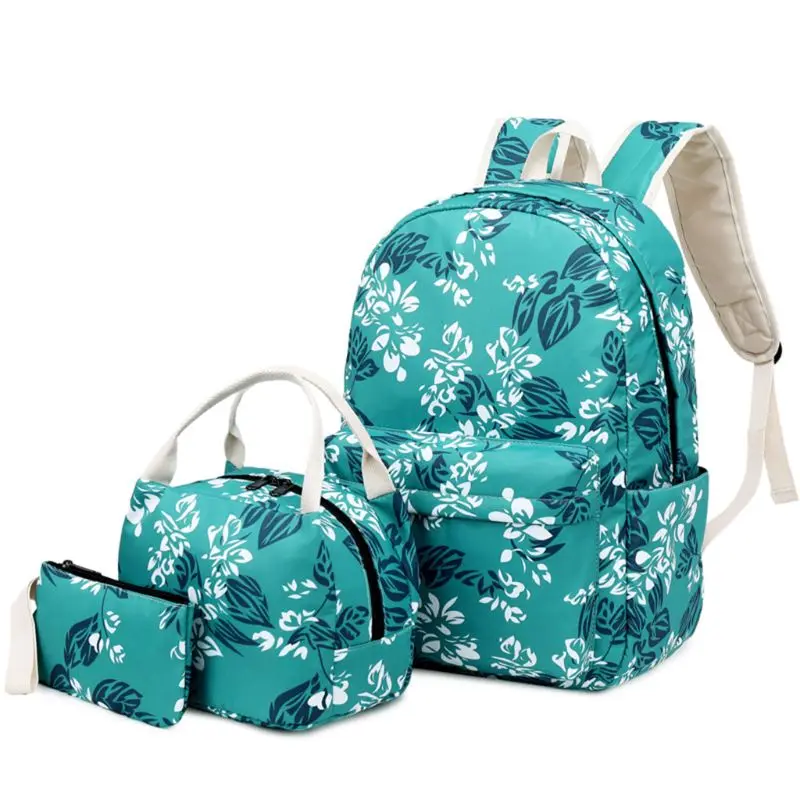 

3pcs Floral School Backpack Nylon Laptop Daypack Teenage Schoolbag Bookbag Pencil Case Purse Set