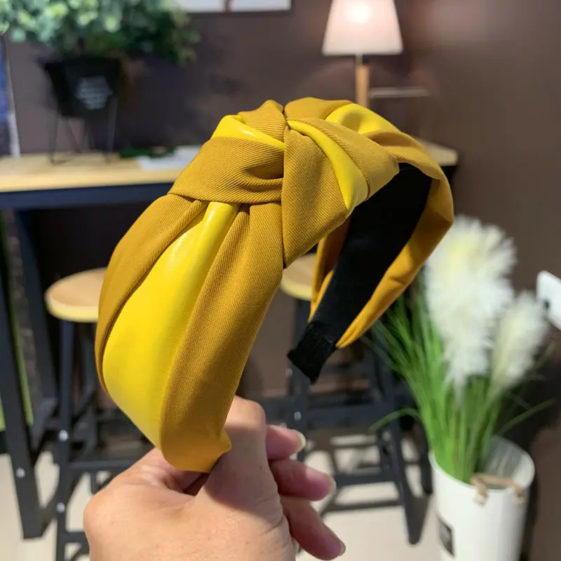 Yellow 2 Levao, Ретро Повязка на голову из искусственной кожи с узлом в клетку, с перекрестным узлом, ободок для волос, новинка, сетчатый обруч для волос для женщин, аксессуары для волос - Цвет: Yellow 2