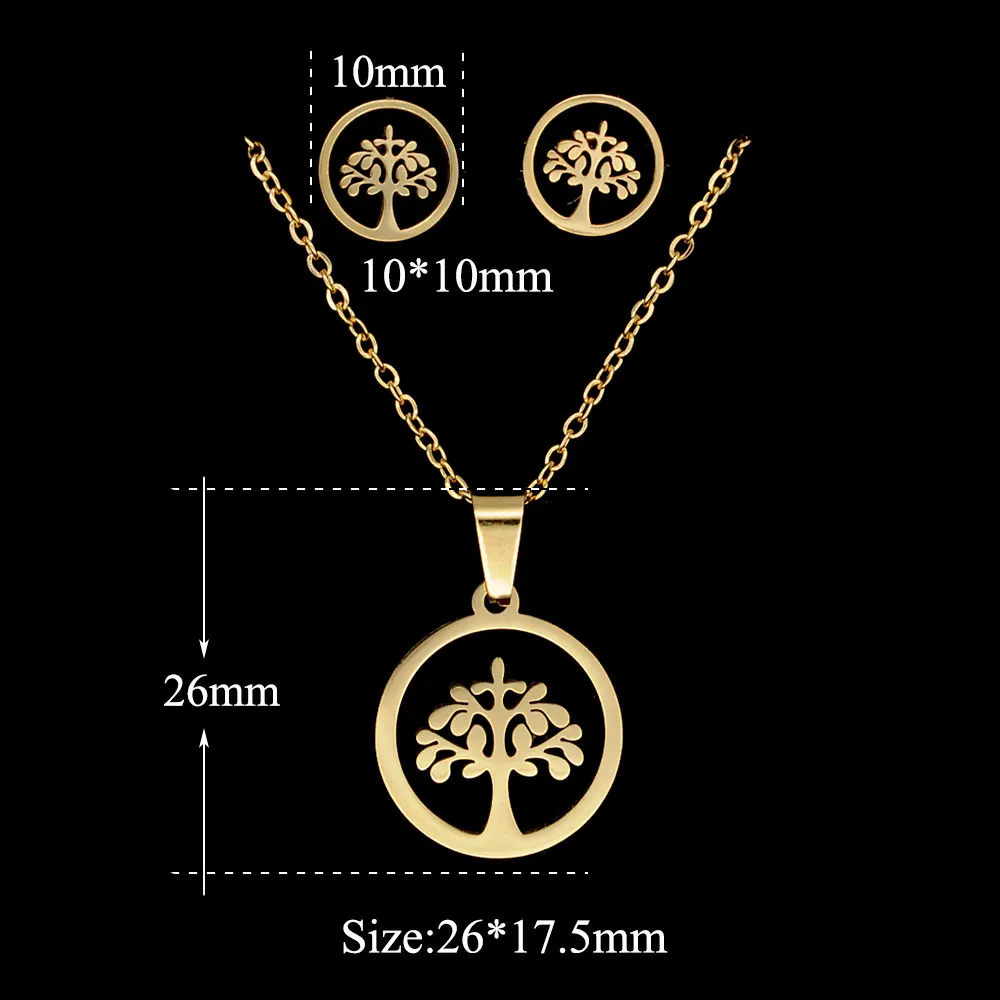 Нержавеющая сталь PVD золото заполненная жизнь дерева сердце серьги ожерелье ювелирный набор 45 см ожерелья с кулоном, оптом - Окраска металла: JA249-1