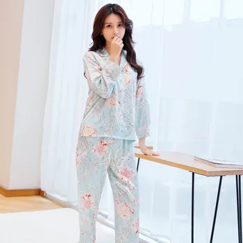 

Fiklyc Pajamas Women Spring New Flower Cardigan Long Sleeve Trousers Simulation Silk Two-Piece Suit Home Service
