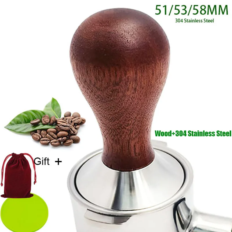 Prensa de café calibrada, compactador de café con Base de acero inoxidable 304 de madera sólida y mango, 51/53/58mm