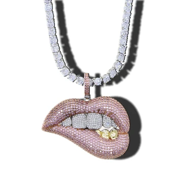 

Tone Color Micro Pave Pink Cubic Zirconia Drip Lip Pendant Necklace Iced Out Bling 5mm CZ Tennis Chain For Women Hiphop Jewelry