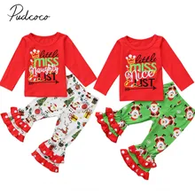 Коллекция года, весенне-осенняя одежда для малышей Рождественская хлопковая одежда для маленьких девочек топы с длинными рукавами, рубашка+ расклешенные штаны Одежда Санта-Клауса От 6 месяцев до 4 лет