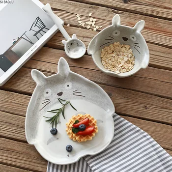 Plato de Totoro de cerámica para carne, cuenco, cuchara, vajilla de estilo de dibujos animados, juego de vajilla de porcelana de alta calidad 1