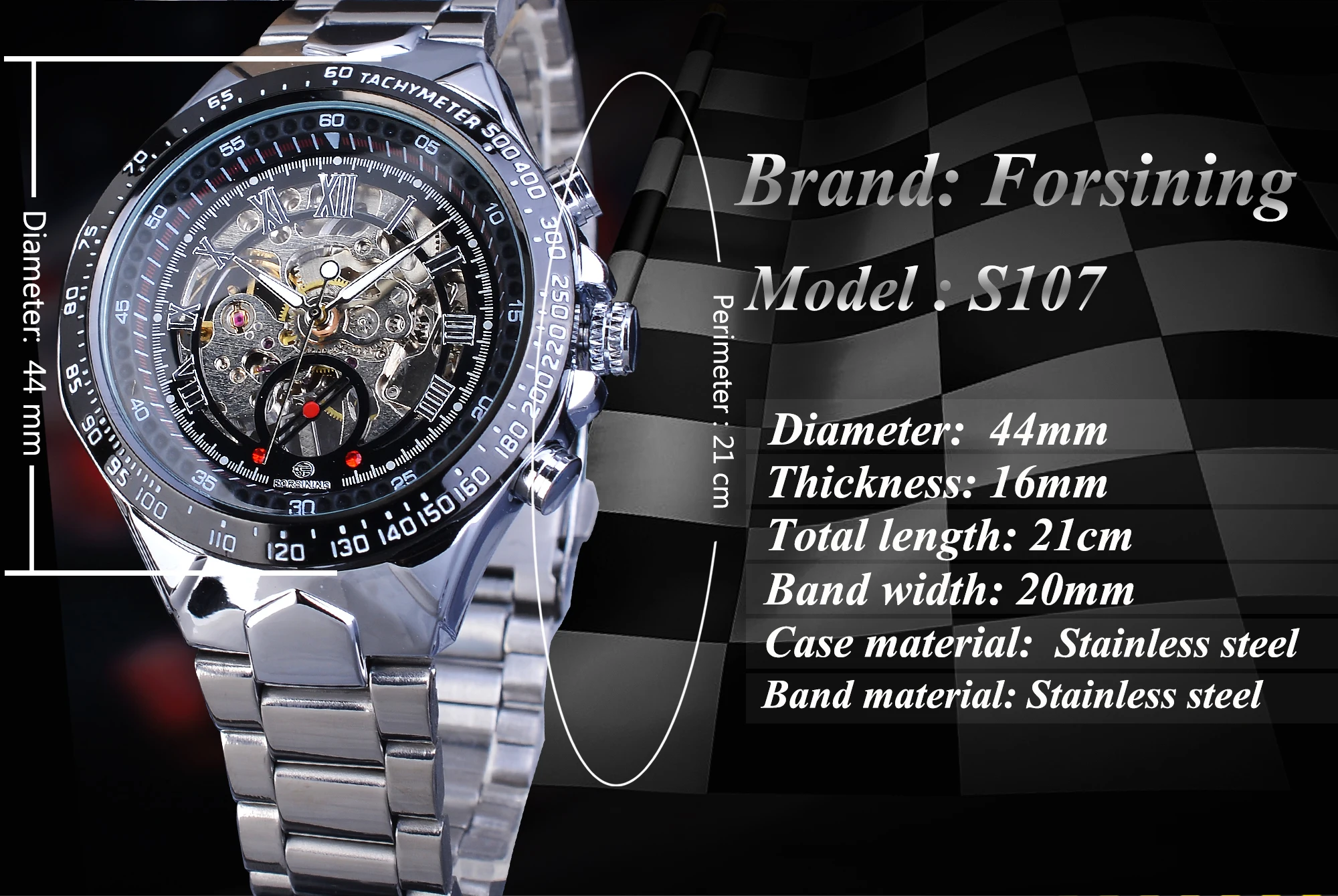 Transparent Case Open Work Silver Stainless Steel Mechanical Skeleton Sport Wrist Watch Men Forsining