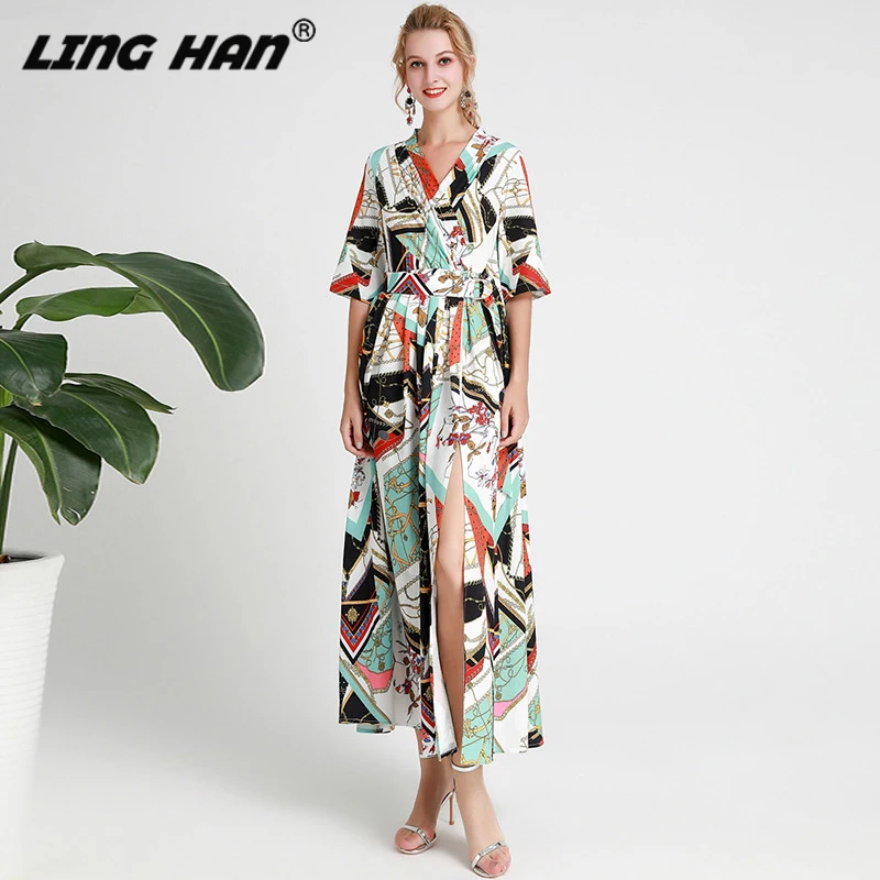 LINGHAN/модные дизайнерские платья; весенние женские платья с коротким рукавом; благородное платье с высоким разрезом по щиколотку