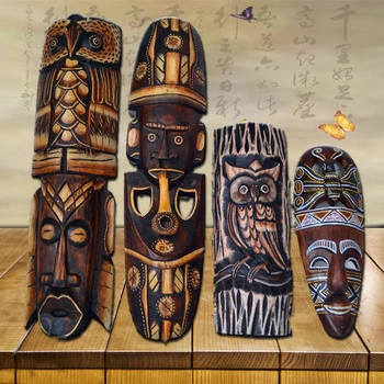 Colgante de pared de máscara tallada en madera tailandesa, artesanías de madera Retro.