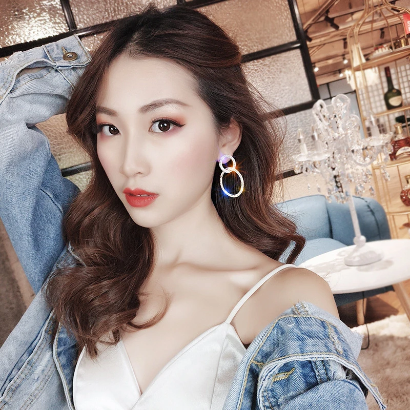 LATS Large and Small Circle Long Dangle Earrings Korean Zircon Flash Earrings for Women 2020 Female Fashion Jewelry Drop Earings