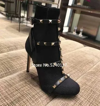 

European Design Rivets Knitting Women Ankle Boots Patchwork Thin Heel 10cm Short Fashion Sock Boots zapatos de mujer