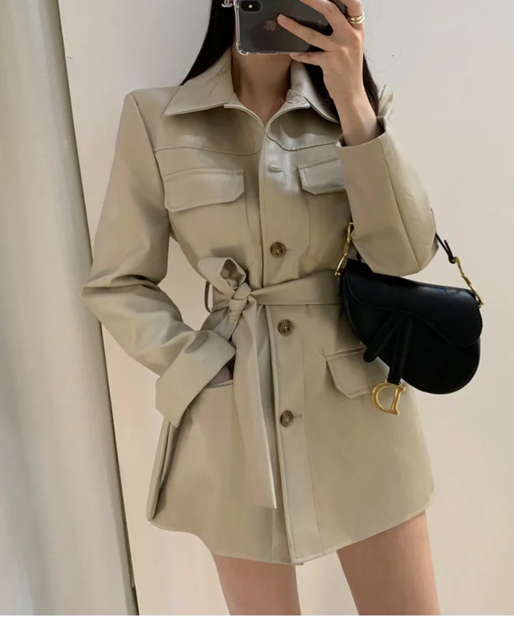 WOMENGAGA Leather Clothing Woman Autumn Long Fund Single Row Buckle Chalaza Pocket Locomotive Leisure Time Slim Coat ZX340