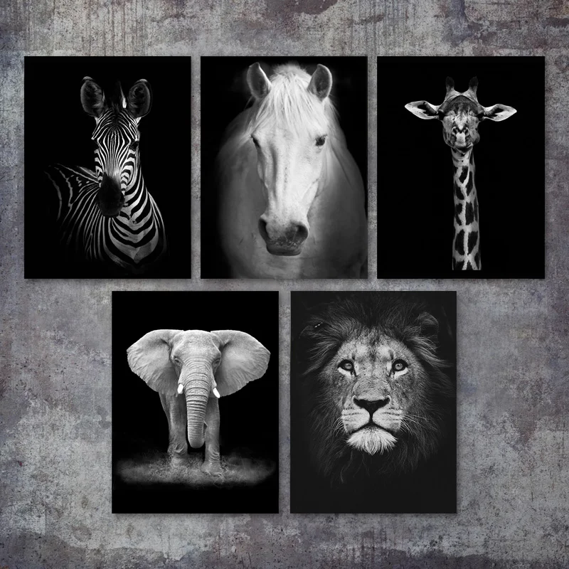 

Canvas Painting Animal Wall Art Lion Elephant Giraffe Black and White Nordic Posters Wall Pictures for Living Room Canvas Prints