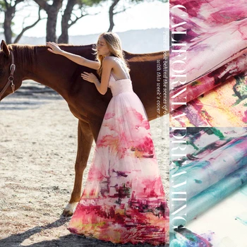 

PRINT SILK ORGANZA SATIN FABRIC 140cm width 12momme 100% Natural Pure Silk Dress Patch Work Red and Blue Color