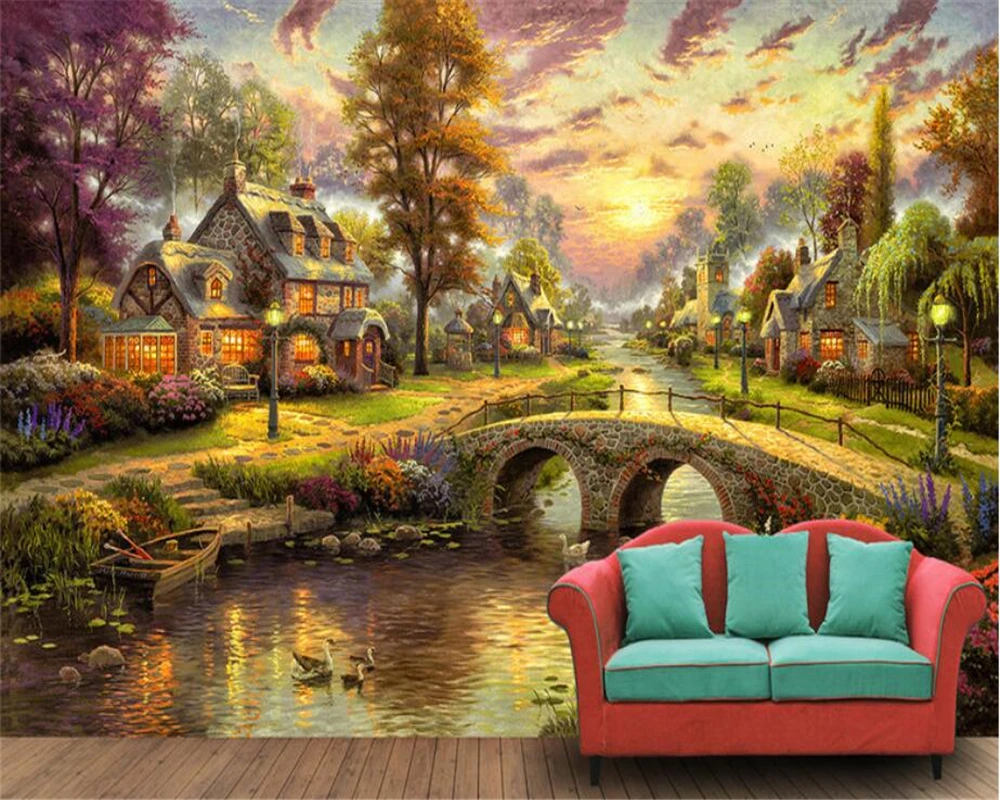 

Drop Shipping Hand Painted European Forest Hut Night View Oil Painting Wall Modern Mural Living Room Large Painting Home Decor