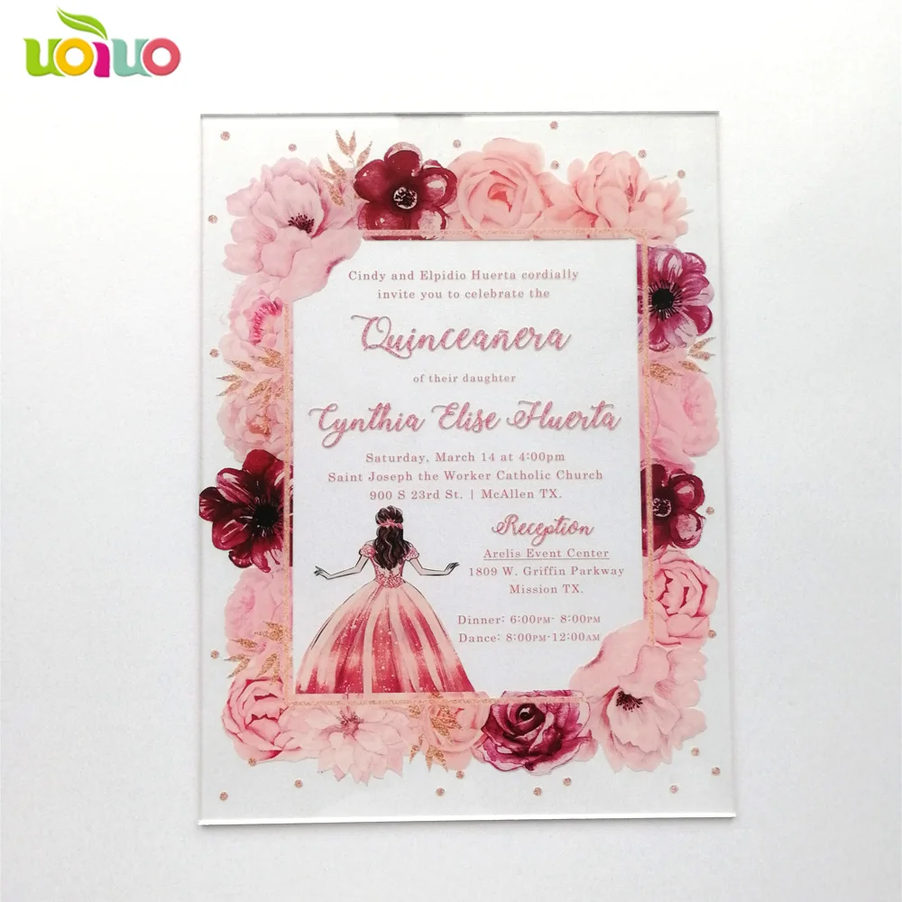 Акриловая карточка с красочной печатью цветок Quinceanera пригласительная карточка, акриловая печать на заказ wordings пригласительная карточка на день рождения
