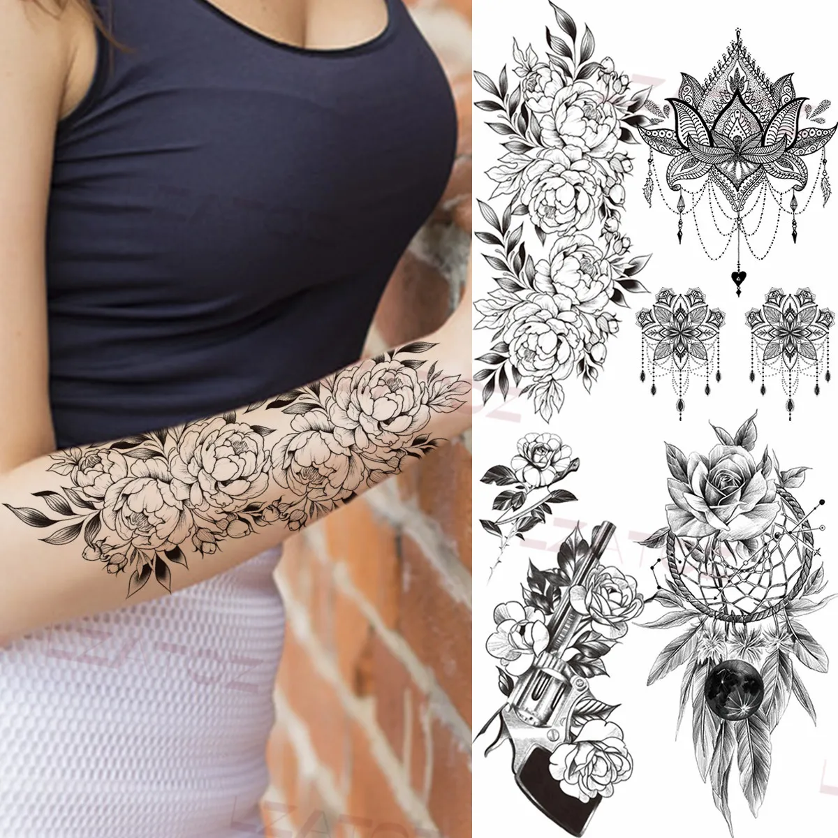 

Black Big Peony Flower Temporary Tattoos For Women Adult Rose Gun Pendant Henna Fake Tattoos Sticker Custom Armband Sexy Tatoo