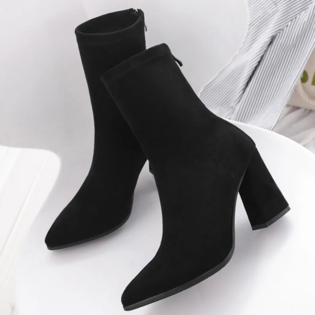 

YOUYEDIAN New Fashion winter boots women Zipper Soild Pointed Toe Square Heel Shoes Party Boots botas mujer invierno 2019#A3