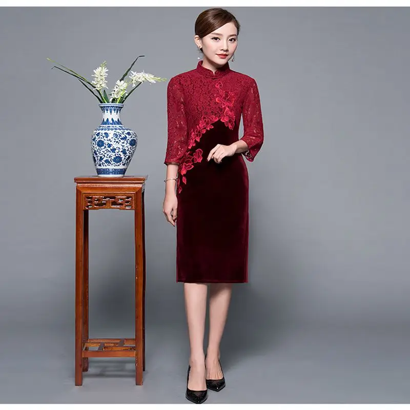 Китайский стиль, женская бархатная Qipao, улучшенная элегантная Цветочная вышивка, Cheongsam Vestidos, негабаритное вечернее платье - Цвет: red