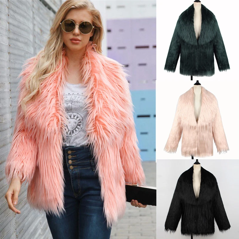 

Lanshifei Furry Faux Fur Coat Women Fluffy Warm Long Sleeve Outerwear Autumn Winter Coat Jacket Turn-Down Collar Plus Size Coat