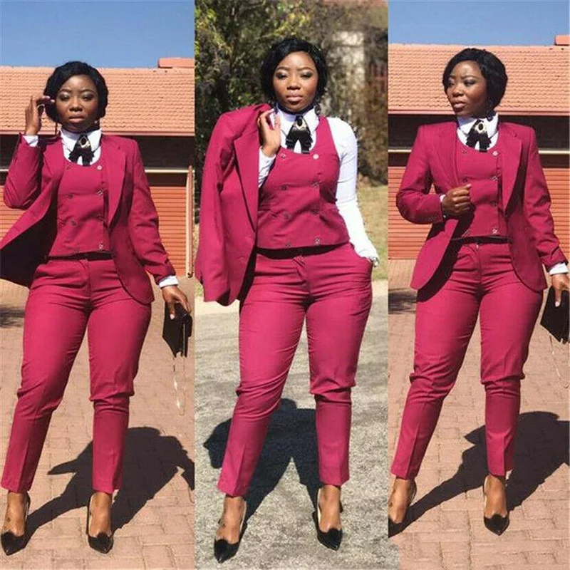 

3 Pieces Mother of the Bride Suits Red Women Ladies Double Breasted Plus Size tailleur femme Tuxedos Formal Work Wear For Weddin