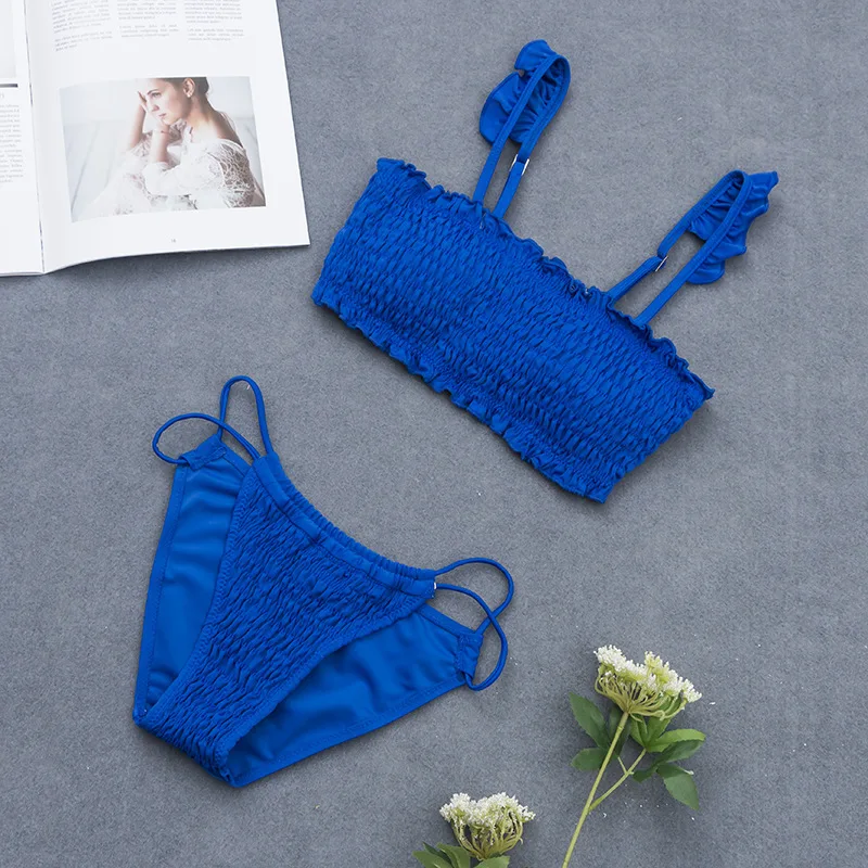 

2019 Europe And America New Style Fashion Shirred Tube Top Solid Color Sexy Split Type Bikini WOMEN'S Swimsuit Hot Selling