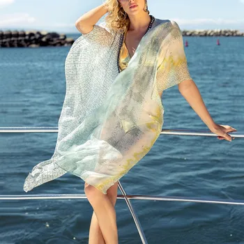 

Summer Women Bikini Beach Dress Sleeve Stripe Print Patchwork Chiffon Split Kimono Bathing Suit Smock Cover Up Pareo Mujer Tunic
