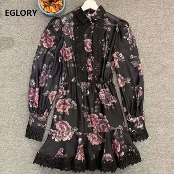 

Newest Fashion Dress 2020 Spring Summer Club Women Vintage Print Hollow Out Lace Patchwork Long Sleeve Dress Sexy Above Knee