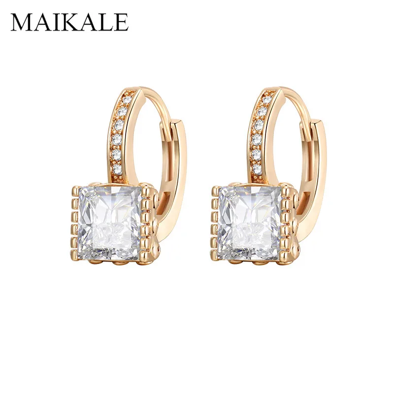 MAIKALE Simple Round Stud Earrings Square Cubic Zirconia Gold Copper Circle Korean for Women Party Jewelry Gifts | Украшения и