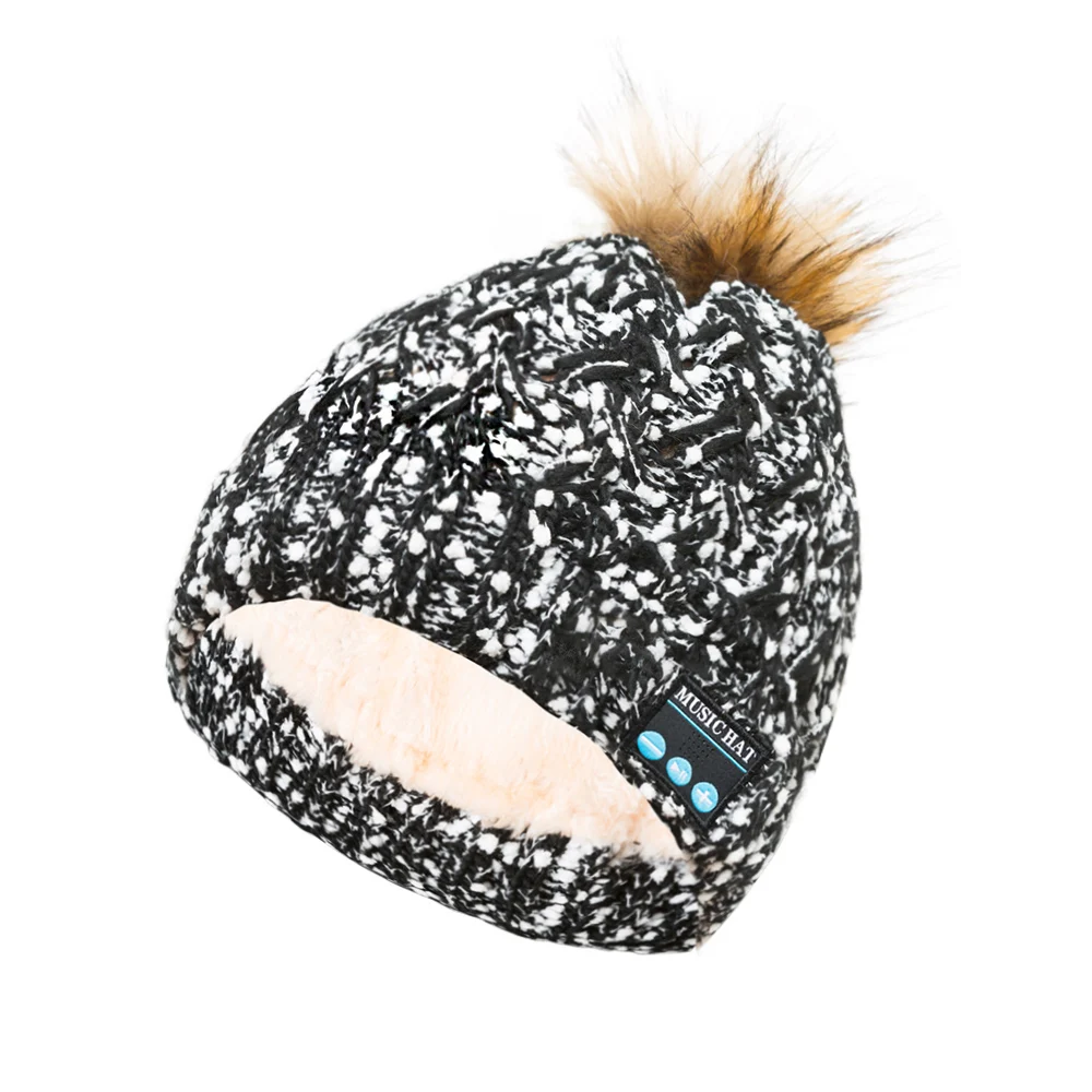 Черный Woman Bluetooth 4.2 Beanie Hat Pom Pom Winter Knit Music Hat Cap Wireless Headphones Bluetooth Hat Birthday Christmas Gifts - Цвет: Черный