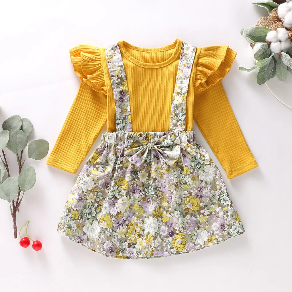 Однотонные топы с длинными рукавами для маленьких девочек+ комбинезон с цветочным принтом, комплекты боди, летняя одежда 586