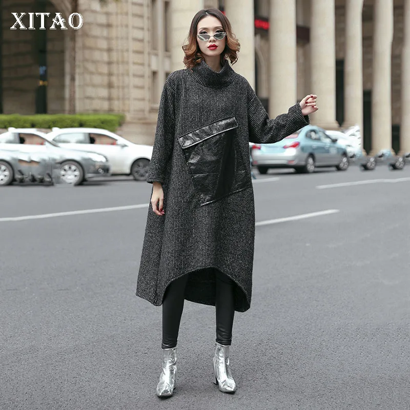 

XITAO Irregular Chest Pocket Midi Dress Women Clothes 2019 Fashion Plus Size Dress Stand Collar Full Sleeve Autumn New LYH2007