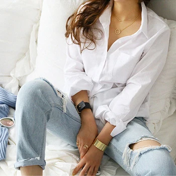 

2020 Spring One Pocket Women White Shirt Female Blouse Tops Long Sleeve Casual Turn-down Collar OL Style Women Loose Blouses
