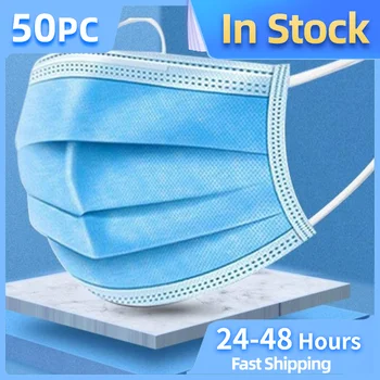 

50PCs Blue Solid Mask Disposable Facemasks Classic Summer For Face Women Mascarillas Con Filtro Mascarilla Tela Masque