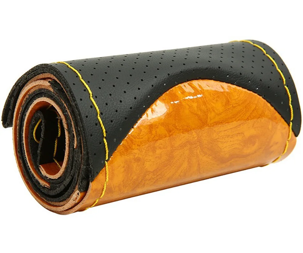 38cm Wooden Pattern Micfiber Leather Car Steering Wheel Cover Braiding Wheel Cover With Needle and Thread