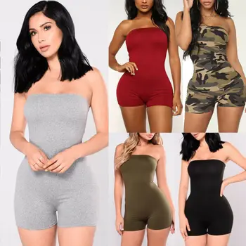 

Women Strapless Jumpsuit Playsuits Tube Top Bodysuit Sleeveless Bodycon Short Romper Catsuit Clubwear S M L XL