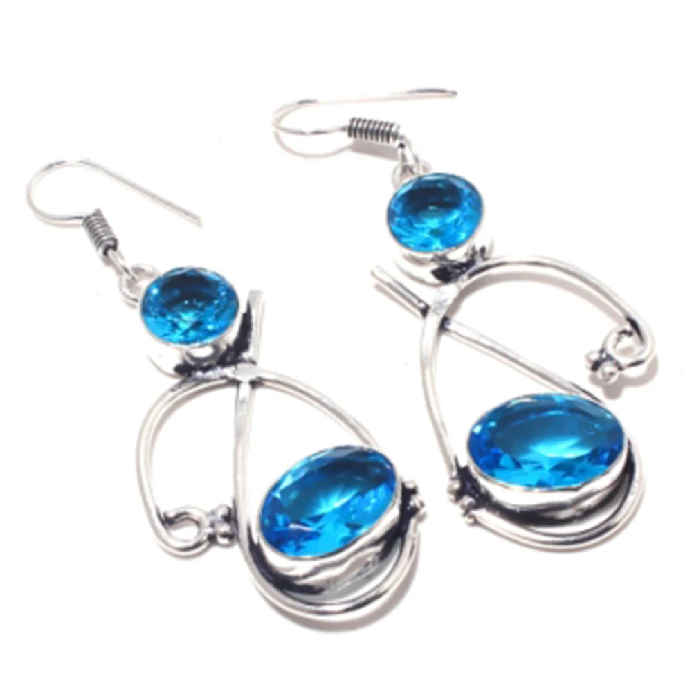 Blu Topas, Argento Overlay Su Orecchini Di Rame, 61 Millimetri, Fre0048