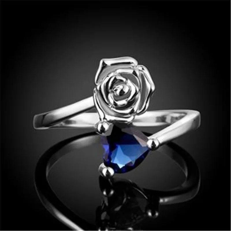 Ajojewel Crystal Zircon Blue Heart Ring Open Rose Flower Rings For Women Silver Color Finger Jewelry Love Gift | Украшения и