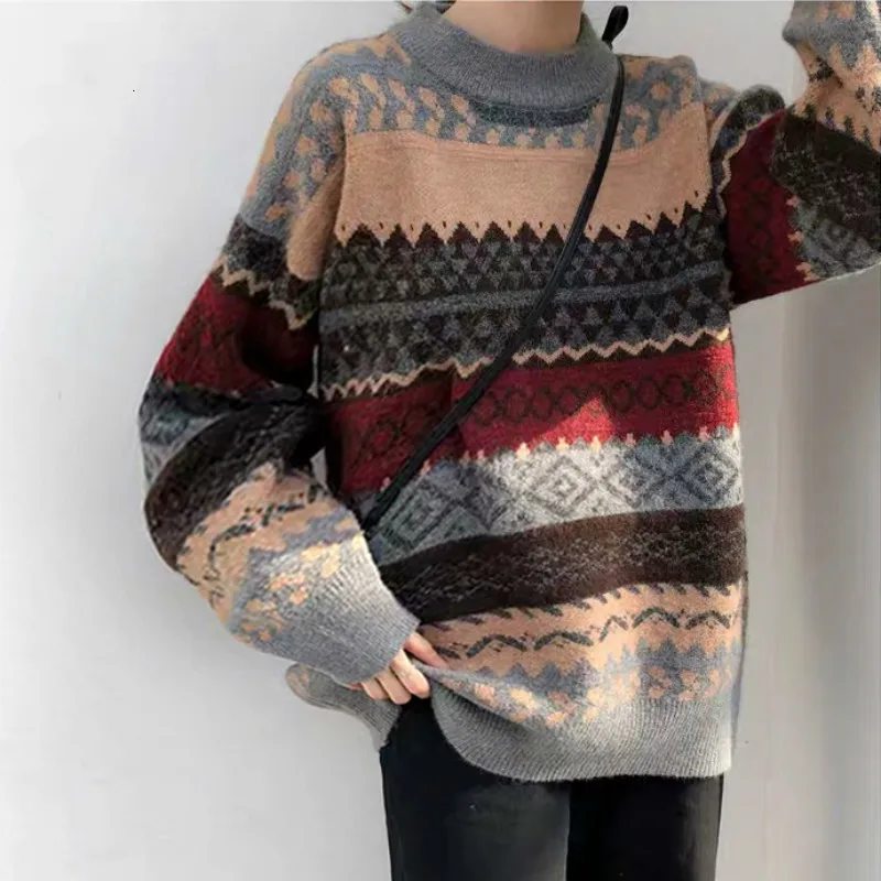 

Round Neck Stripe Women Sweater Vintage Loose Casual Knitting Female Autumn Winter Pullovers