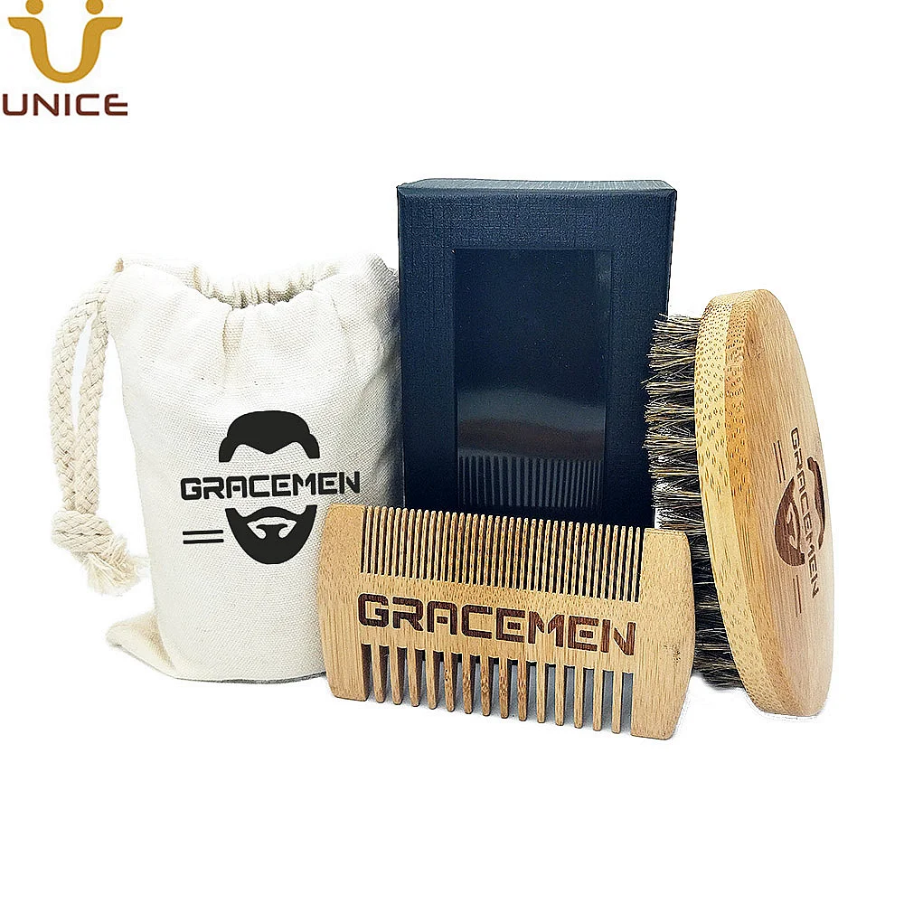 MOQ 100 Sets OEM Custom LOGO  Eco-Friendly Bamboo Beard Care Kit with Bag & Box  Mustache Hair Brush and Dual Sided Comb