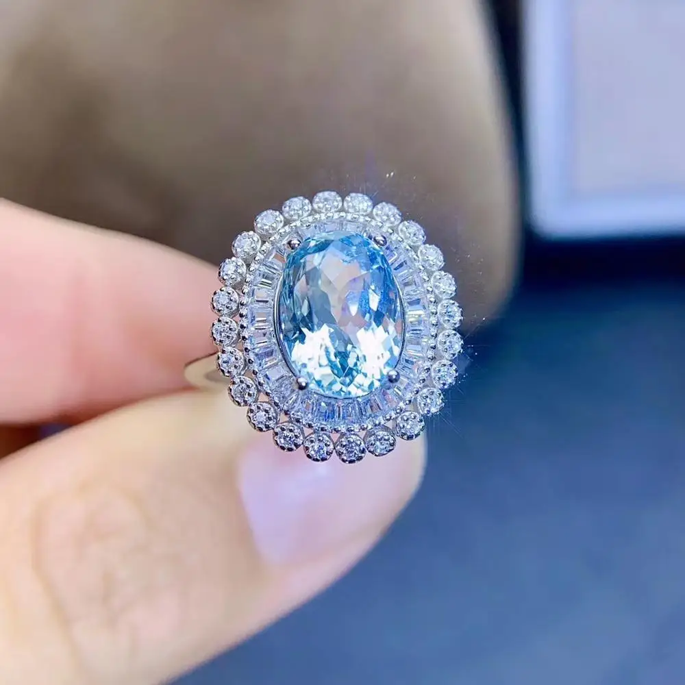 

classic ocean blue color natural Topaz ring for women silver certified natural gem 8*10mm size attractive engagement ring