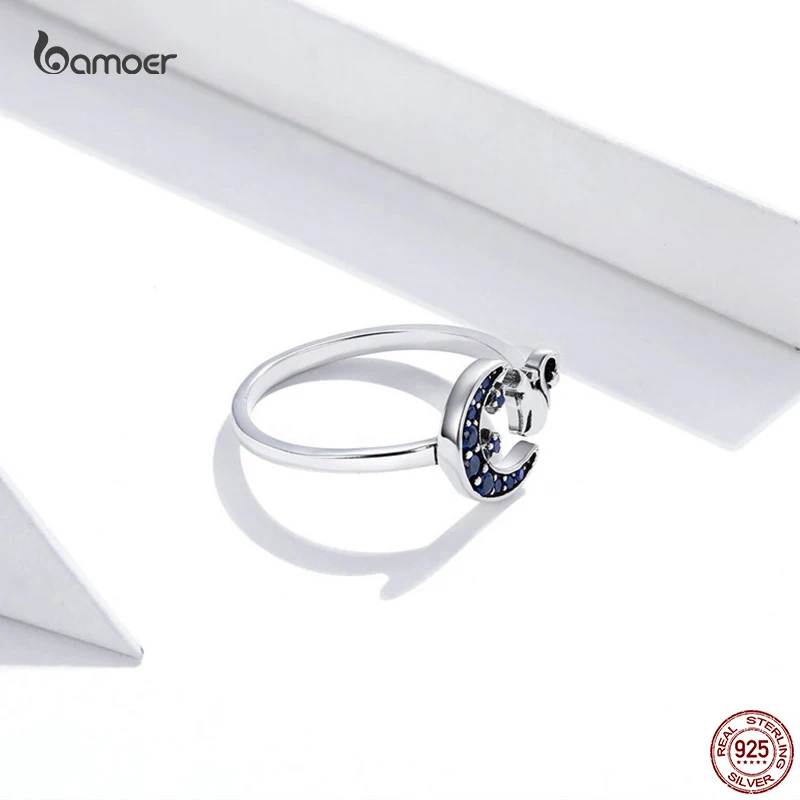 Bamoer Blue Moon Fashion Ring Genuine 925 Sterling Silver Cute Cat Animal Open Adjustable Rings for Women Elegant Party Jewelry silver ring gemstone ring