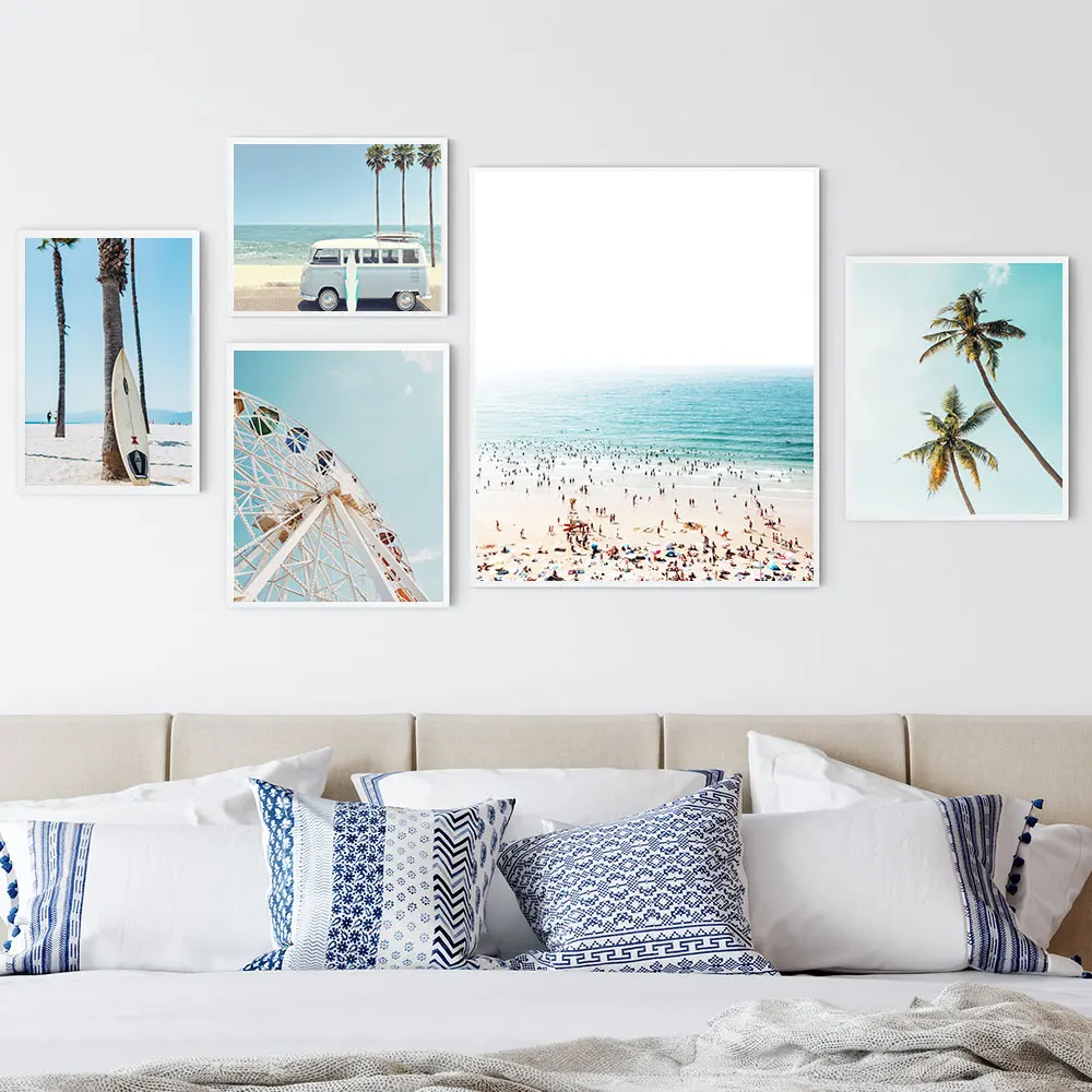 California-Beach-Van-Canvas-Painting-Ferris-Wheel-Print-Tropical-Palm-Poster-Pastel-Color-Wall-Art-Nordic (2)