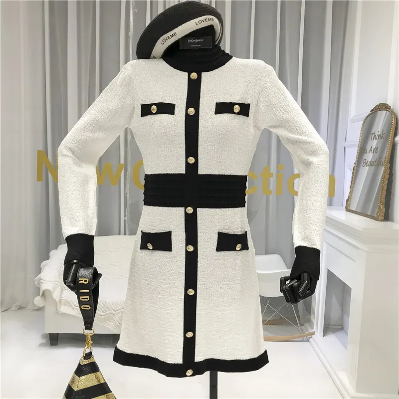 ALPHALMODA зимнее короткое модное платье контрастного цвета с золотыми пуговицами женское винтажное трикотажное тонкое мини-платье с длинным рукавом